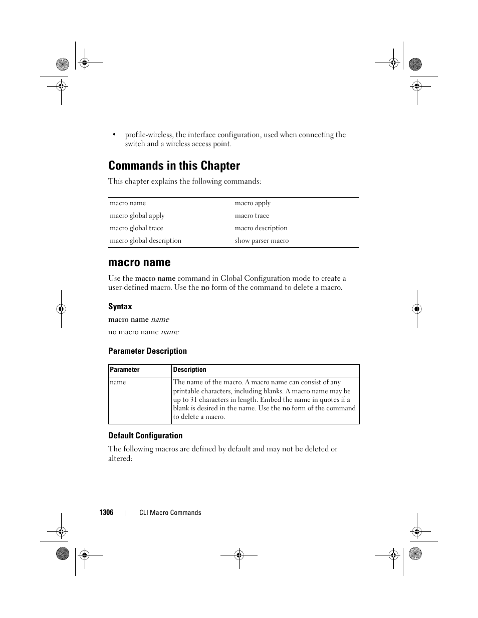 Commands in this chapter, Macro name, Syntax | Parameter description, Default configuration | Dell POWEREDGE M1000E User Manual | Page 1308 / 1682