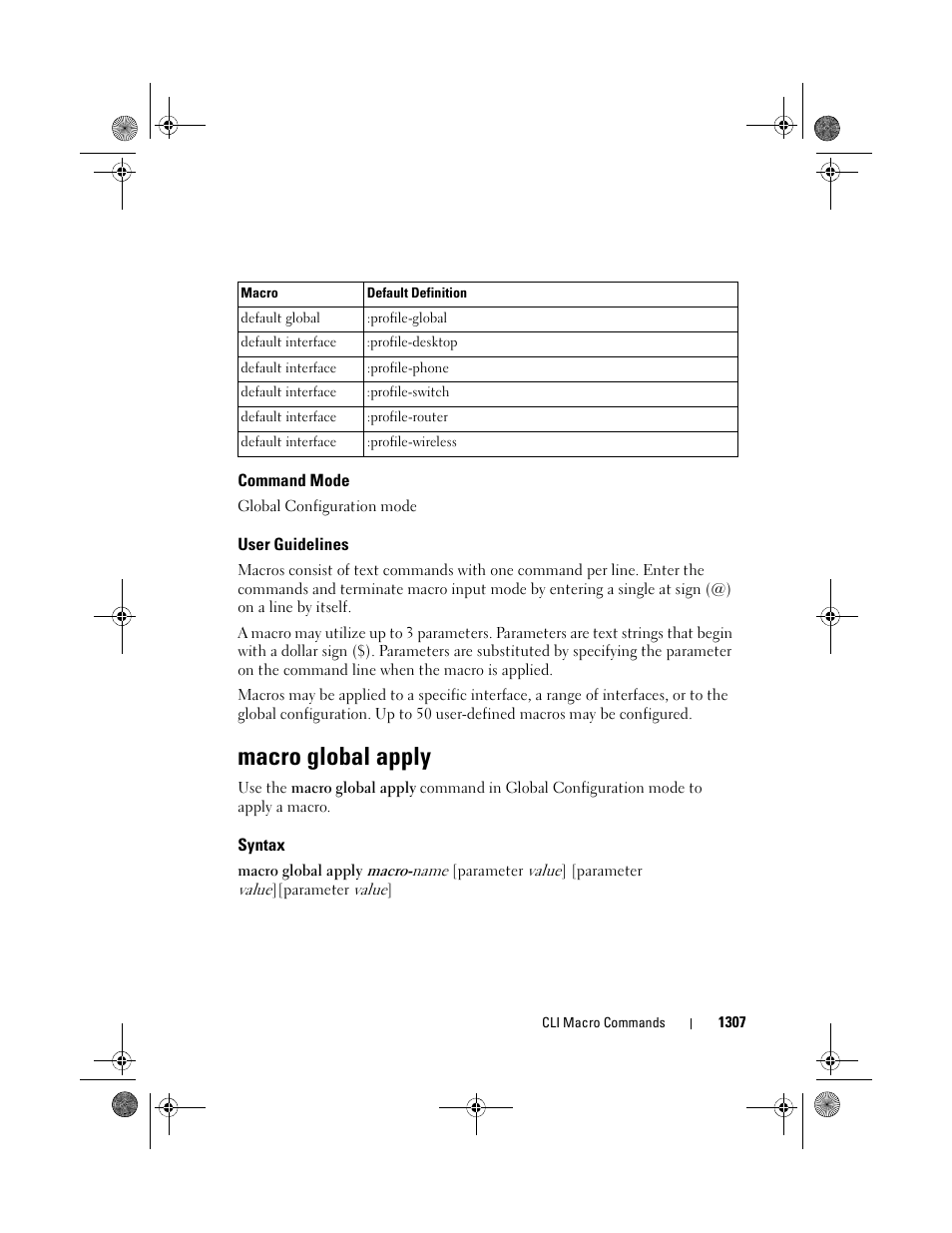 Command mode, User guidelines, Macro global apply | Syntax | Dell POWEREDGE M1000E User Manual | Page 1309 / 1682