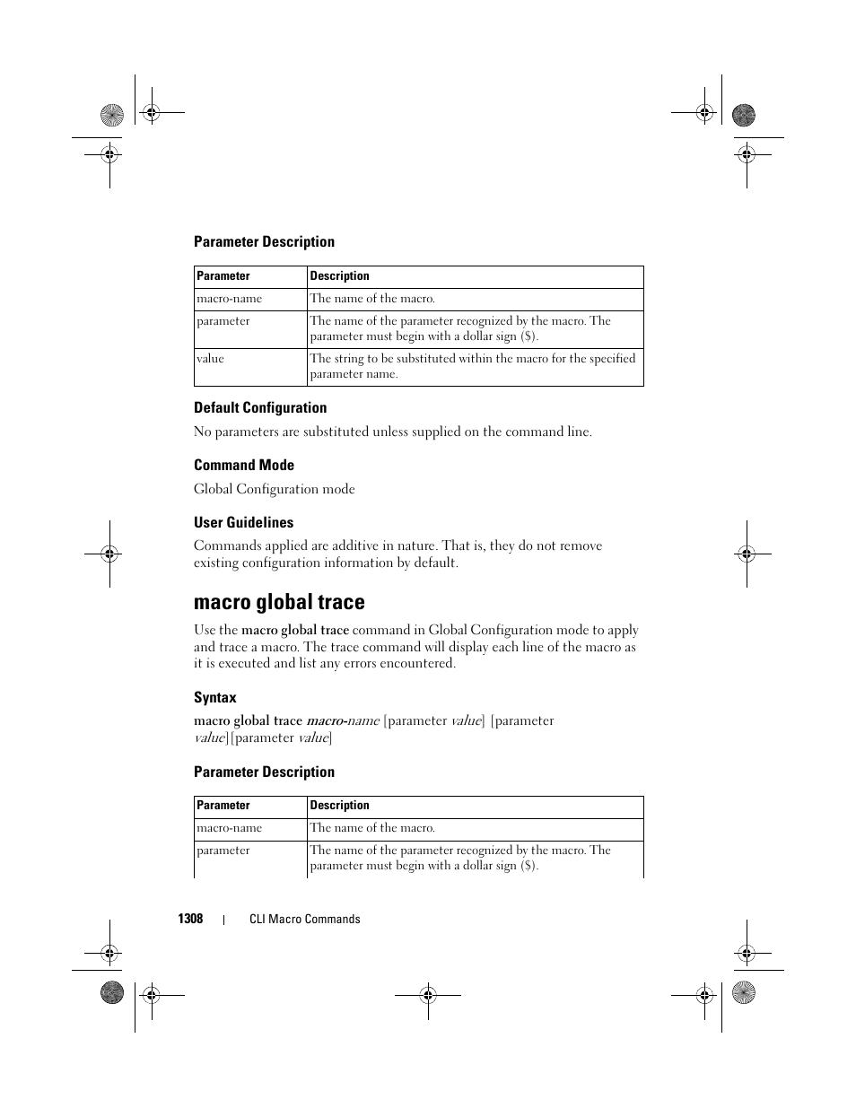 Parameter description, Default configuration, Command mode | User guidelines, Macro global trace, Syntax | Dell POWEREDGE M1000E User Manual | Page 1310 / 1682