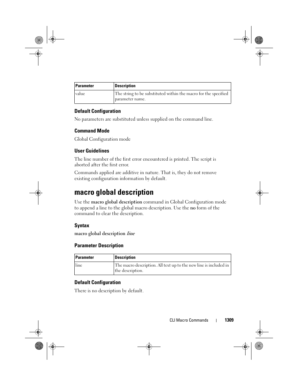 Default configuration, Command mode, User guidelines | Macro global description, Syntax, Parameter description | Dell POWEREDGE M1000E User Manual | Page 1311 / 1682