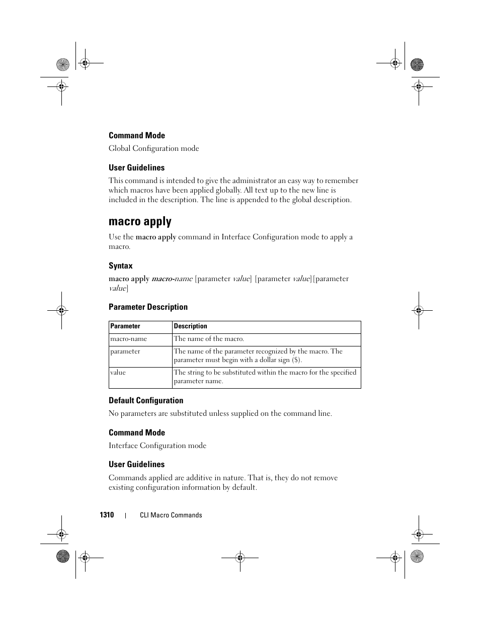 Command mode, User guidelines, Macro apply | Syntax, Parameter description, Default configuration | Dell POWEREDGE M1000E User Manual | Page 1312 / 1682