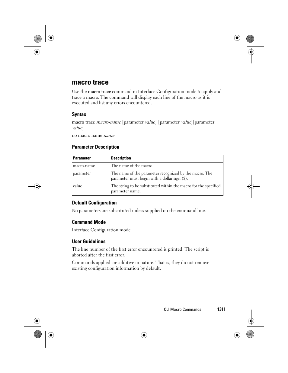 Macro trace, Syntax, Parameter description | Default configuration, Command mode, User guidelines | Dell POWEREDGE M1000E User Manual | Page 1313 / 1682
