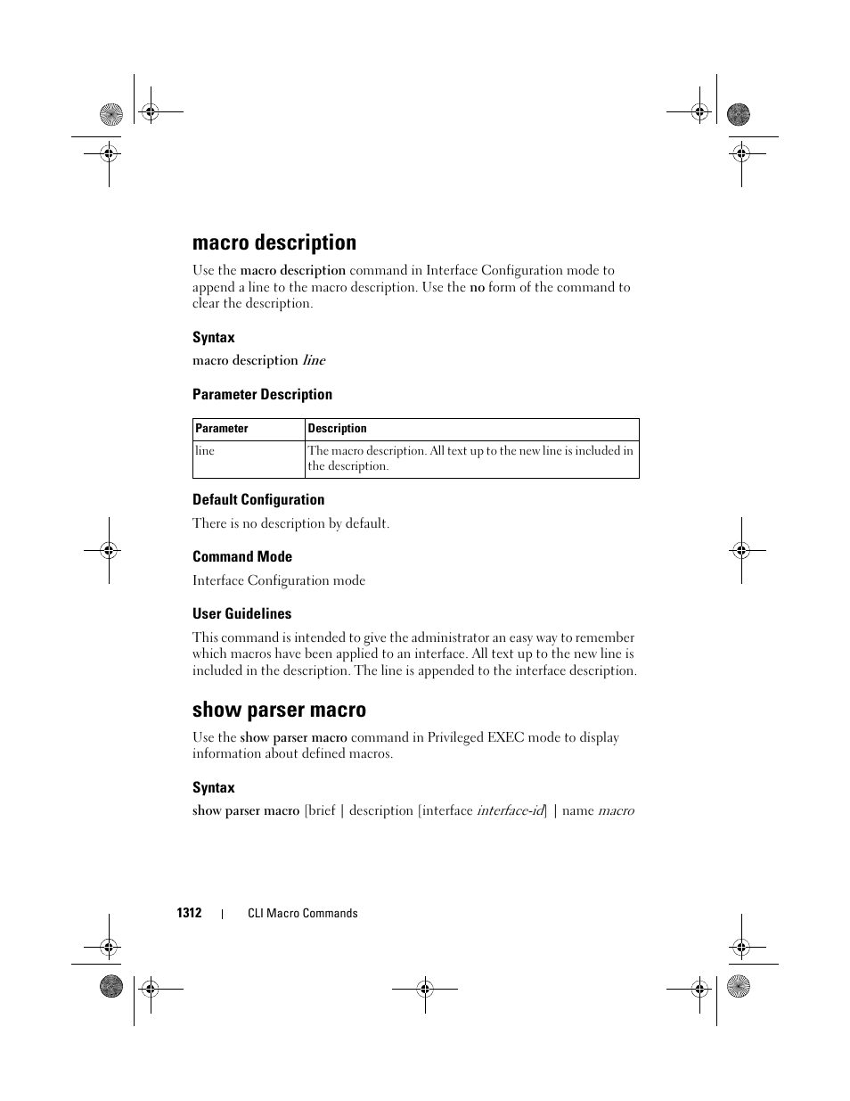 Macro description, Syntax, Parameter description | Default configuration, Command mode, User guidelines, Show parser macro | Dell POWEREDGE M1000E User Manual | Page 1314 / 1682