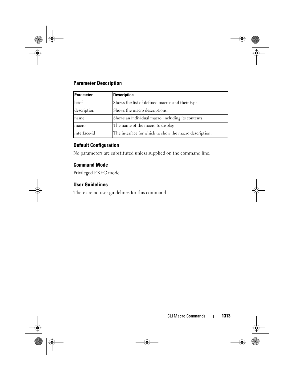 Parameter description, Default configuration, Command mode | User guidelines | Dell POWEREDGE M1000E User Manual | Page 1315 / 1682