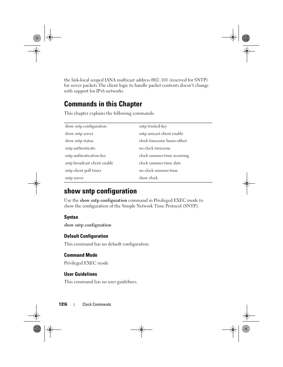 Commands in this chapter, Show sntp configuration, Syntax | Default configuration, Command mode, User guidelines | Dell POWEREDGE M1000E User Manual | Page 1318 / 1682