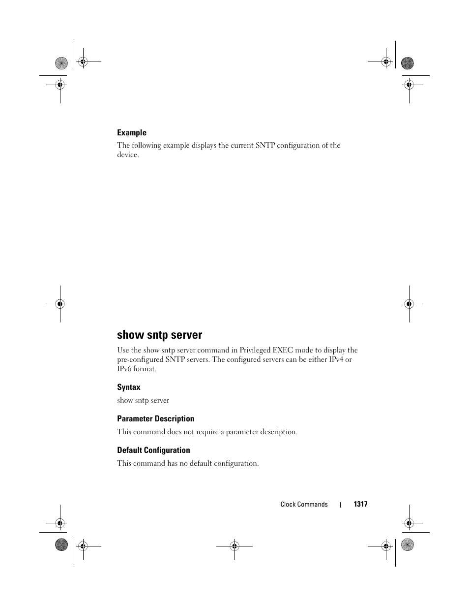 Example, Show sntp server, Syntax | Parameter description, Default configuration | Dell POWEREDGE M1000E User Manual | Page 1319 / 1682