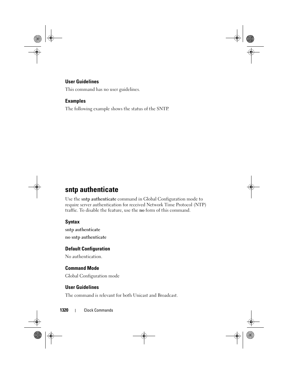 User guidelines, Examples, Sntp authenticate | Syntax, Default configuration, Command mode | Dell POWEREDGE M1000E User Manual | Page 1322 / 1682