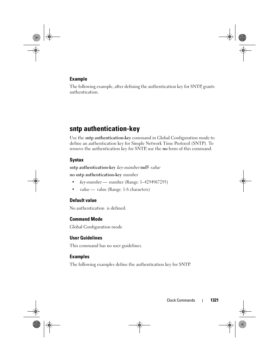 Example, Sntp authentication-key, Syntax | Default value, Command mode, User guidelines, Examples | Dell POWEREDGE M1000E User Manual | Page 1323 / 1682