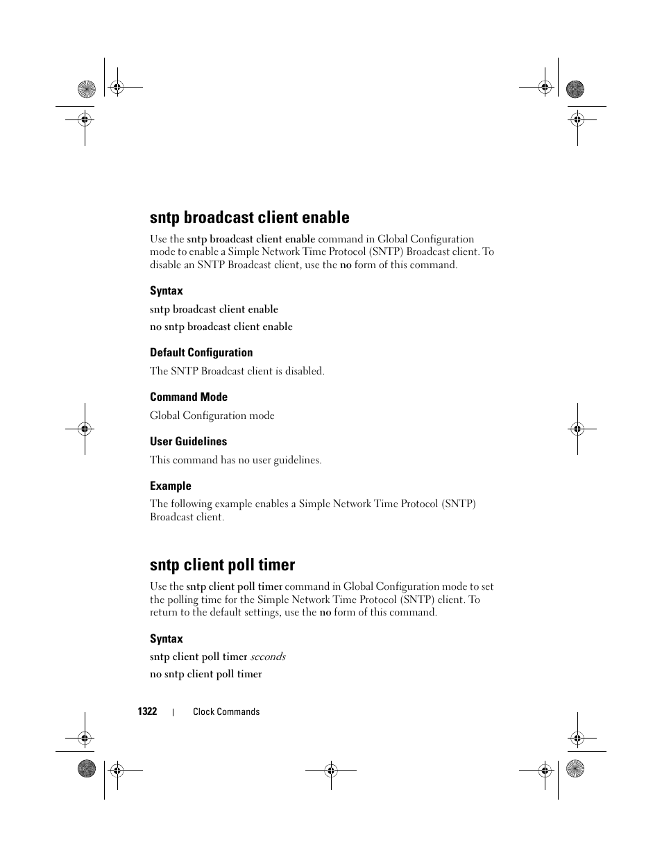 Sntp broadcast client enable, Syntax, Default configuration | Command mode, User guidelines, Example, Sntp client poll timer | Dell POWEREDGE M1000E User Manual | Page 1324 / 1682