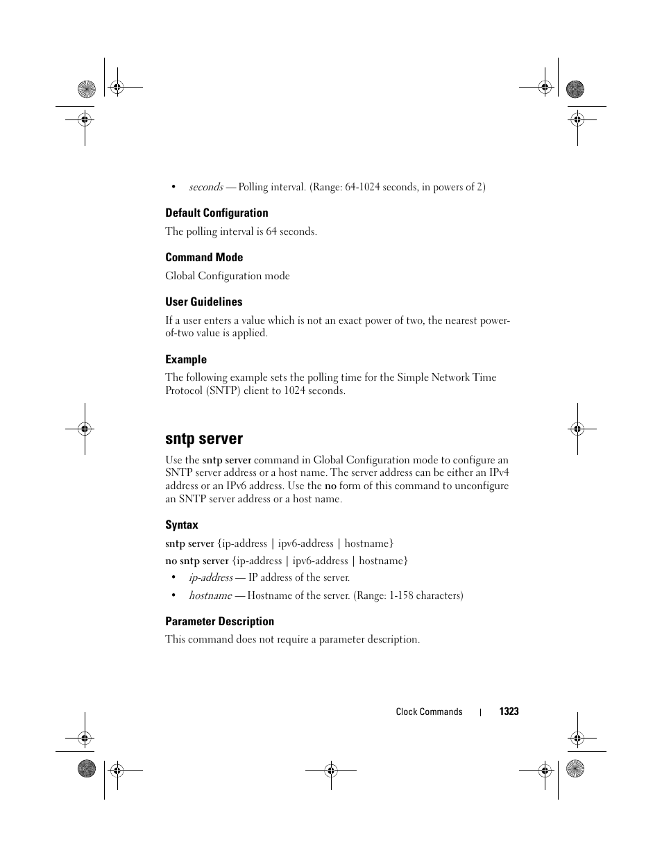 Default configuration, Command mode, User guidelines | Example, Sntp server, Syntax, Parameter description | Dell POWEREDGE M1000E User Manual | Page 1325 / 1682