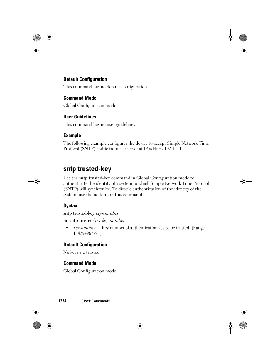 Default configuration, Command mode, User guidelines | Example, Sntp trusted-key, Syntax | Dell POWEREDGE M1000E User Manual | Page 1326 / 1682
