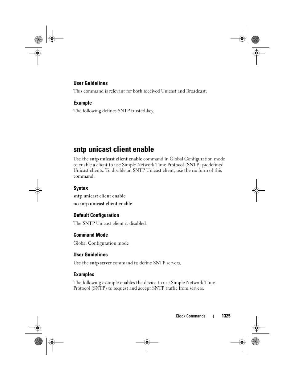 User guidelines, Example, Sntp unicast client enable | Syntax, Default configuration, Command mode, Examples | Dell POWEREDGE M1000E User Manual | Page 1327 / 1682