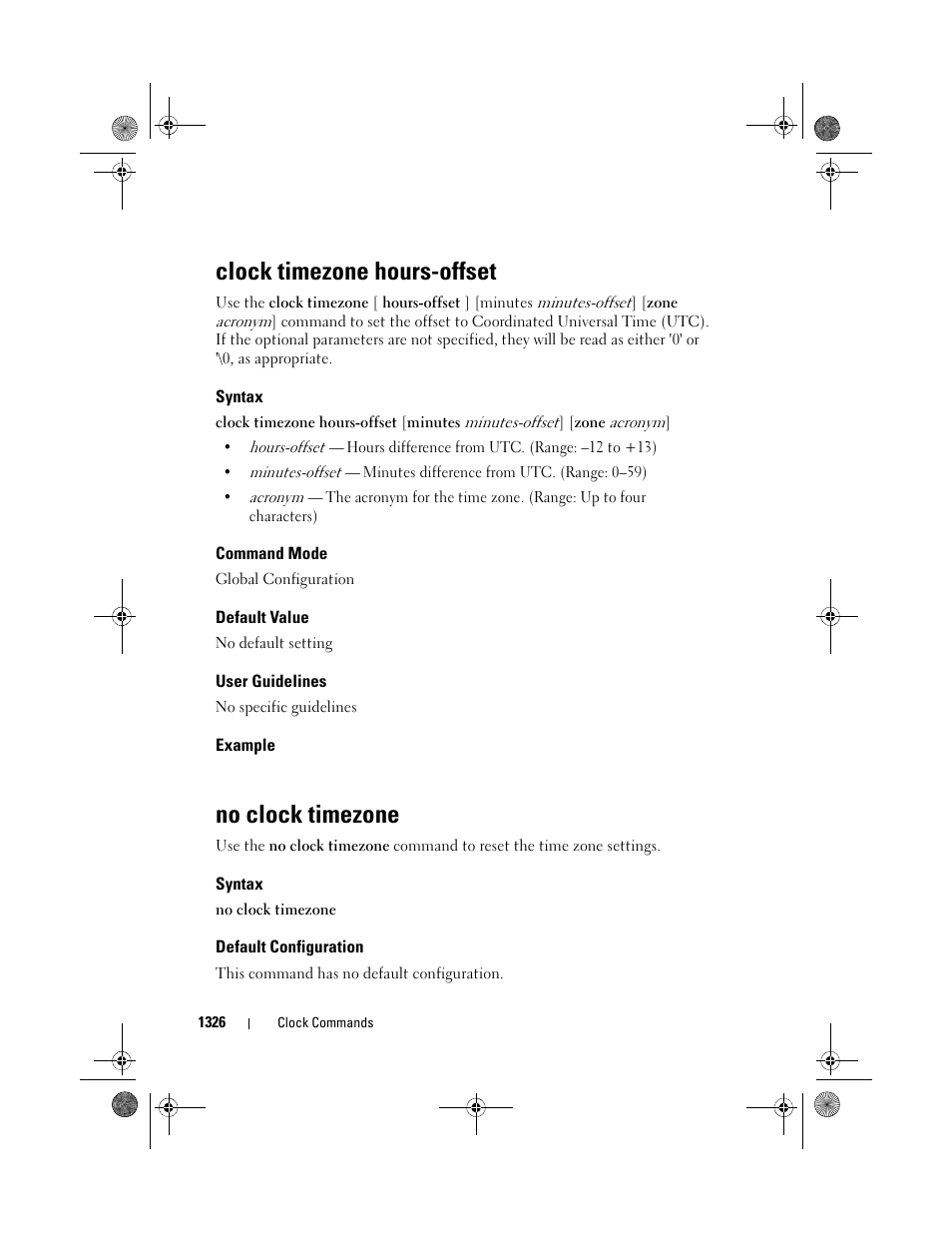 Clock timezone hours-offset, Syntax, Command mode | Default value, User guidelines, Example, No clock timezone, Default configuration | Dell POWEREDGE M1000E User Manual | Page 1328 / 1682