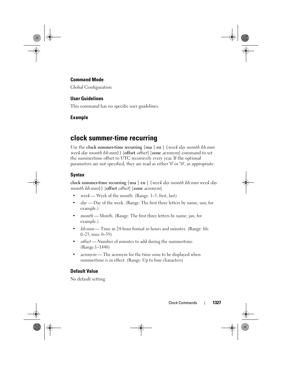 Command mode, User guidelines, Example | Clock summer-time recurring, Syntax, Default value | Dell POWEREDGE M1000E User Manual | Page 1329 / 1682