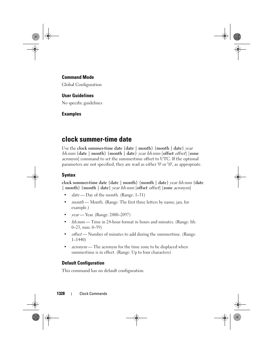 Command mode, User guidelines, Examples | Clock summer-time date, Syntax, Default configuration | Dell POWEREDGE M1000E User Manual | Page 1330 / 1682