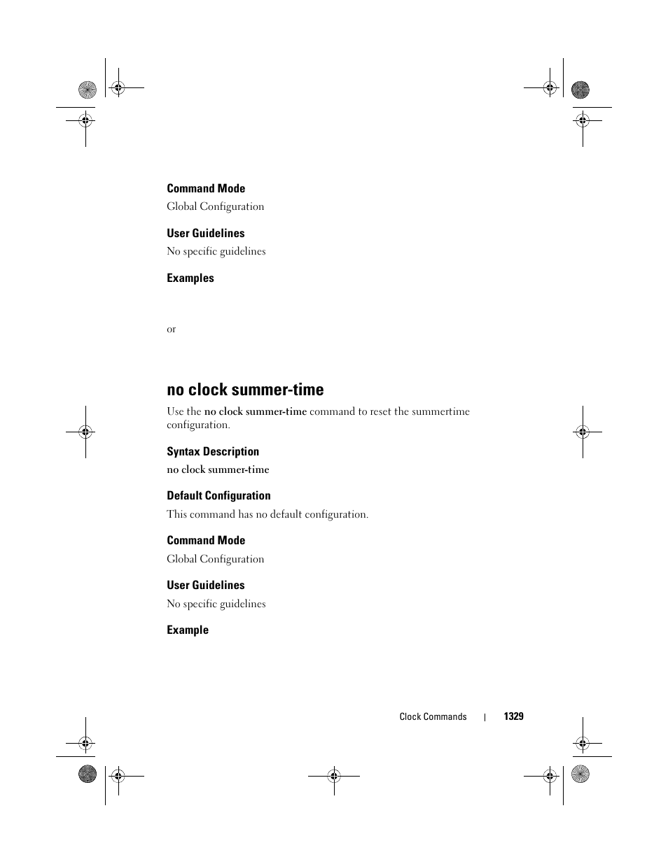 Command mode, User guidelines, Examples | No clock summer-time, Syntax description, Default configuration, Example | Dell POWEREDGE M1000E User Manual | Page 1331 / 1682