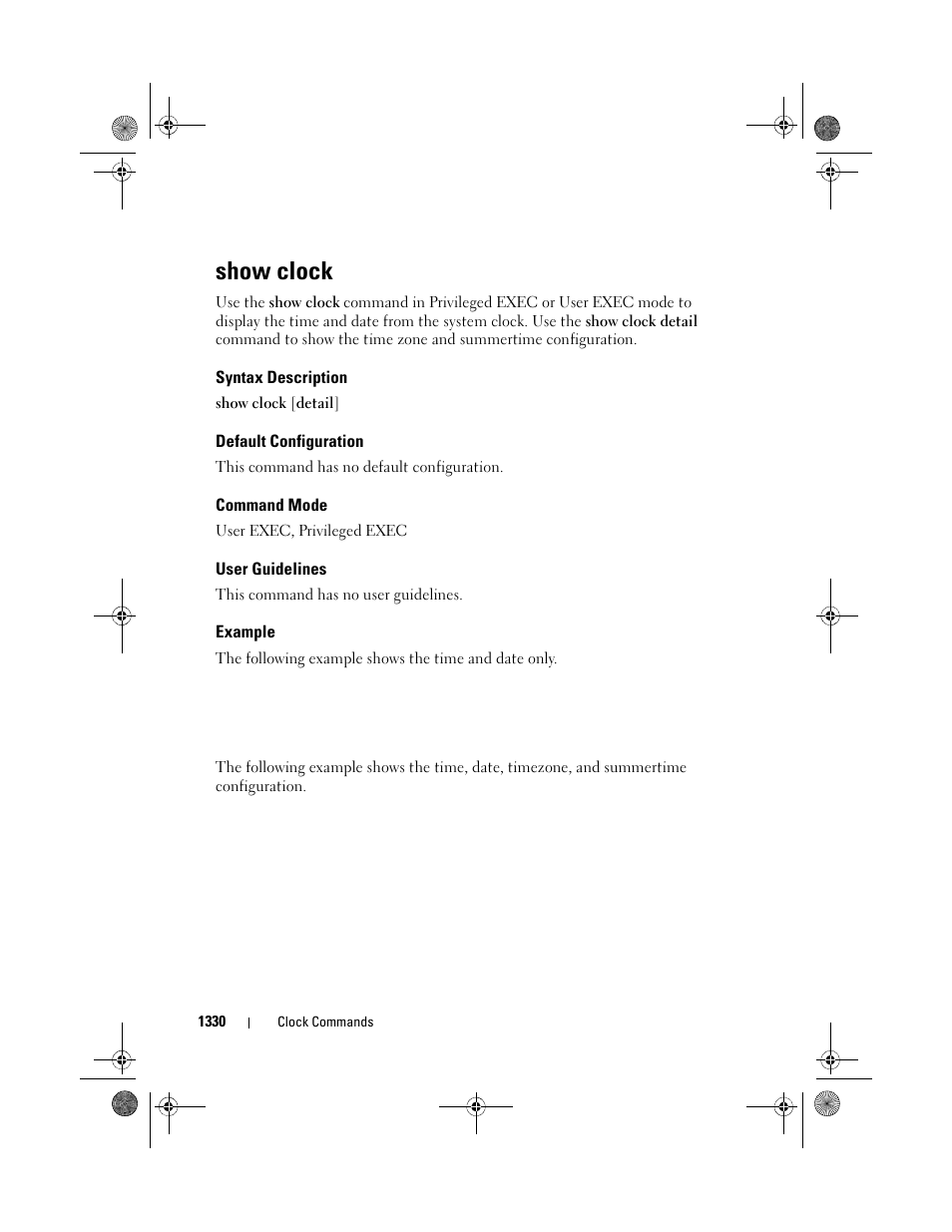 Show clock, Syntax description, Default configuration | Command mode, User guidelines, Example | Dell POWEREDGE M1000E User Manual | Page 1332 / 1682