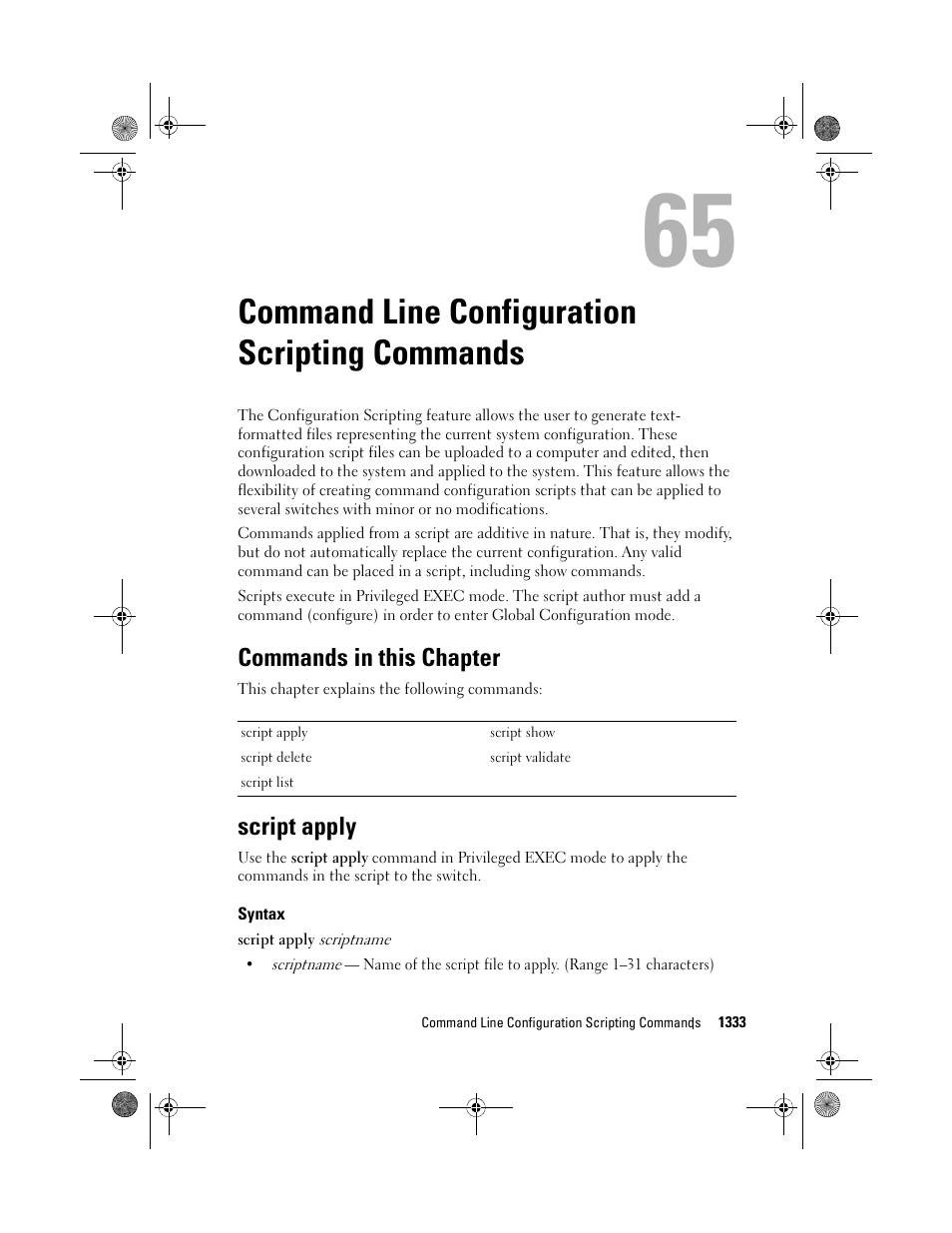 Command line configuration scripting commands, Commands in this chapter, Script apply | Syntax, Command line configuration scripting, Commands, Command line, Configuration, Scripting | Dell POWEREDGE M1000E User Manual | Page 1335 / 1682