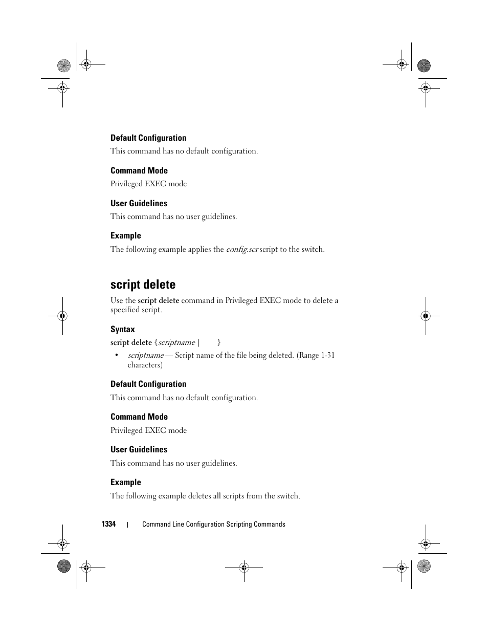 Default configuration, Command mode, User guidelines | Example, Script delete, Syntax | Dell POWEREDGE M1000E User Manual | Page 1336 / 1682