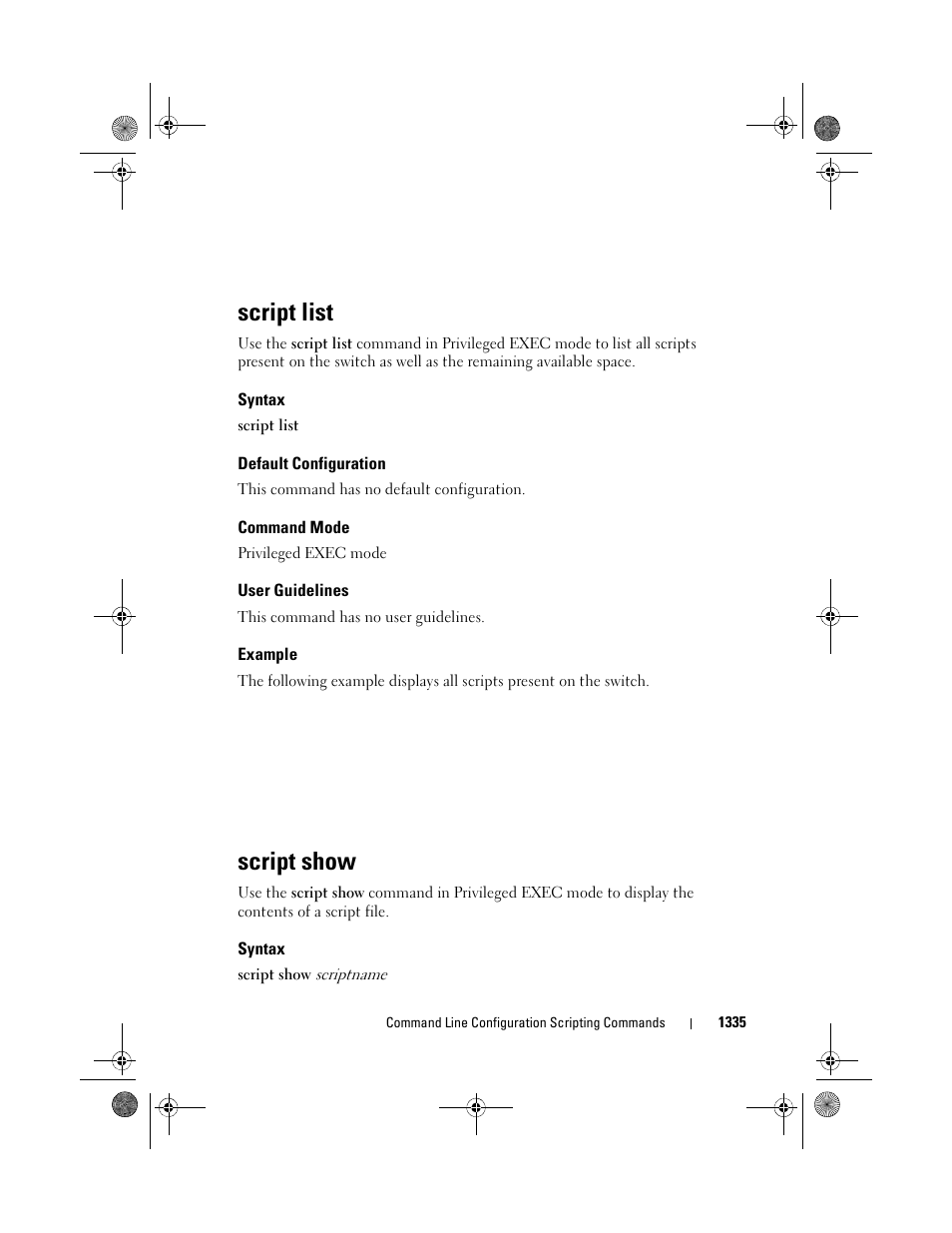 Script list, Syntax, Default configuration | Command mode, User guidelines, Example, Script show | Dell POWEREDGE M1000E User Manual | Page 1337 / 1682