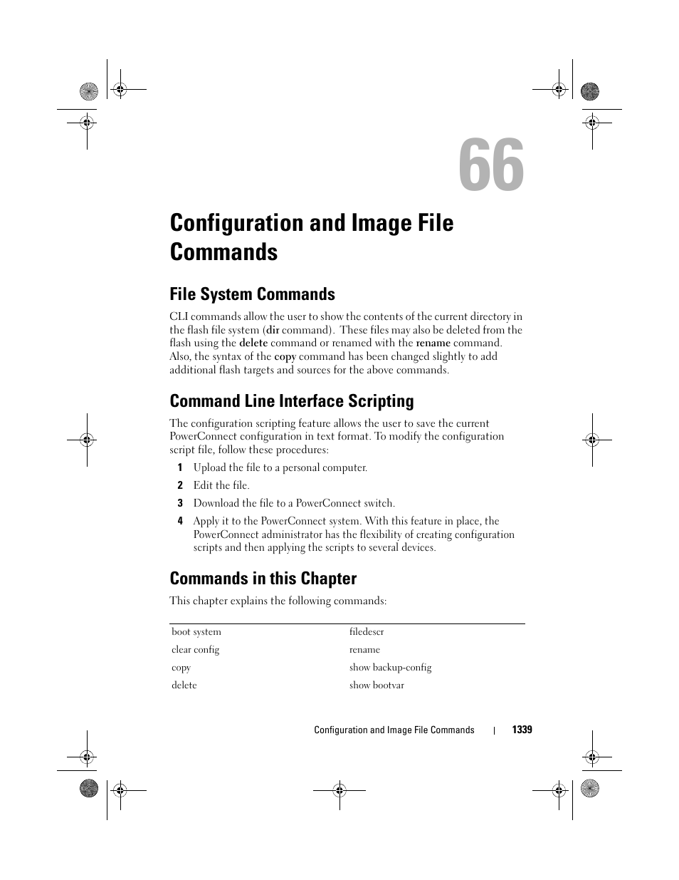 Configuration and image file commands, File system commands, Command line interface scripting | Commands in this chapter, Configuration and image file, Commands, Configuration and, Image file | Dell POWEREDGE M1000E User Manual | Page 1341 / 1682