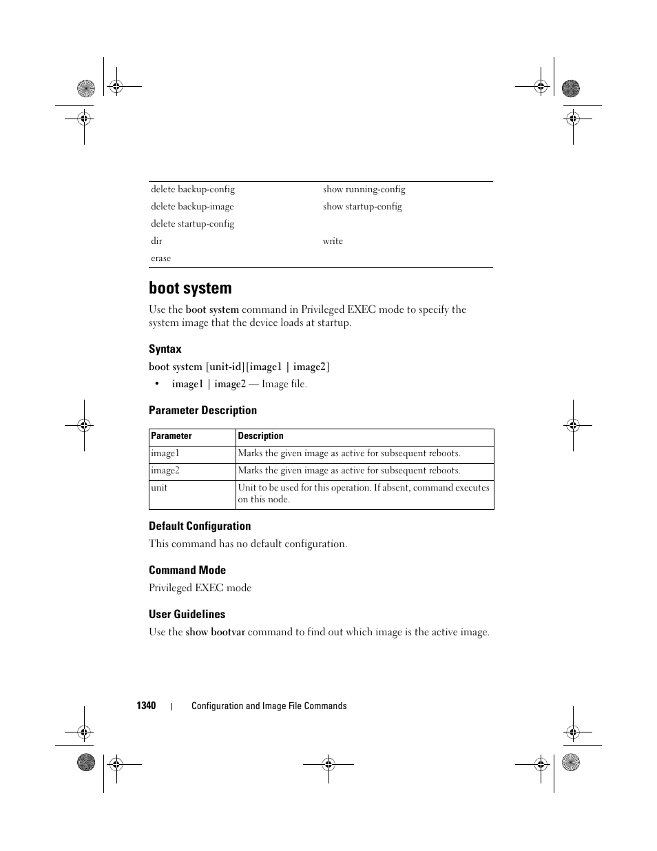 Boot system, Syntax, Parameter description | Default configuration, Command mode, User guidelines | Dell POWEREDGE M1000E User Manual | Page 1342 / 1682