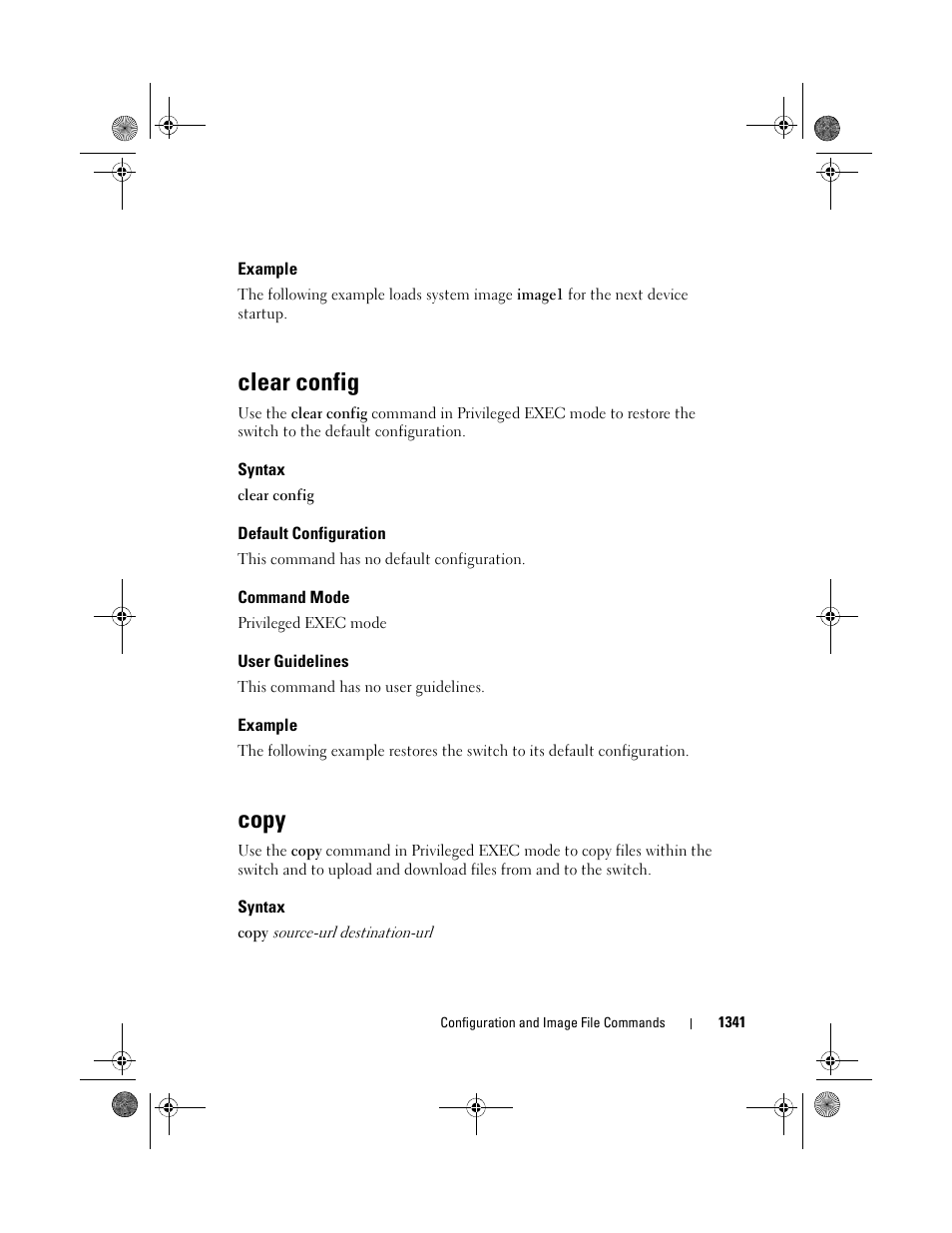 Example, Clear config, Syntax | Default configuration, Command mode, User guidelines, Copy | Dell POWEREDGE M1000E User Manual | Page 1343 / 1682