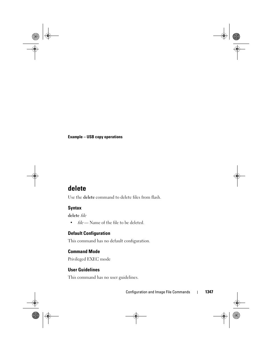 Delete, Syntax, Default configuration | Command mode, User guidelines | Dell POWEREDGE M1000E User Manual | Page 1349 / 1682