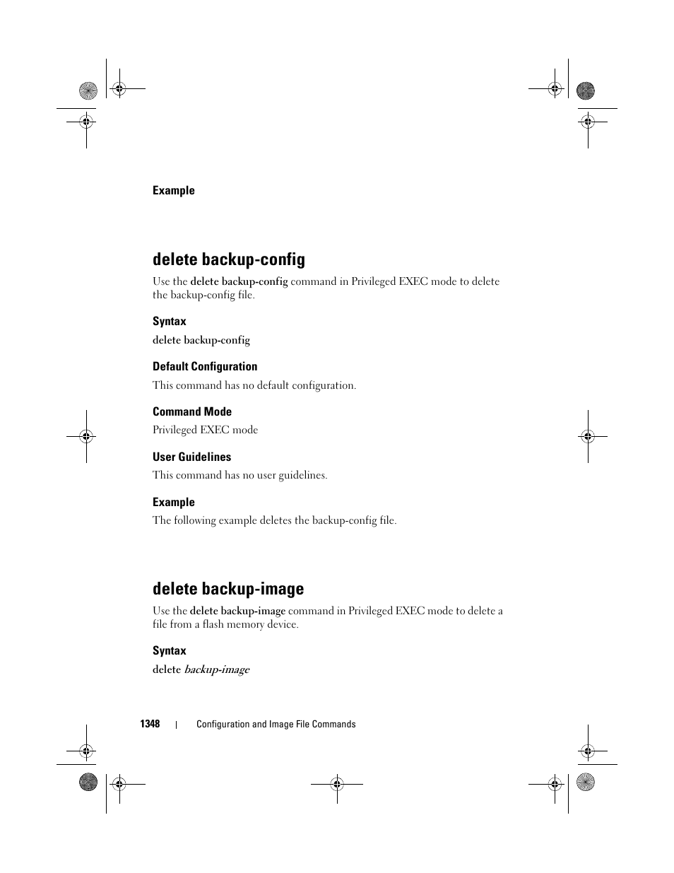 Example, Delete backup-config, Syntax | Default configuration, Command mode, User guidelines, Delete backup-image | Dell POWEREDGE M1000E User Manual | Page 1350 / 1682