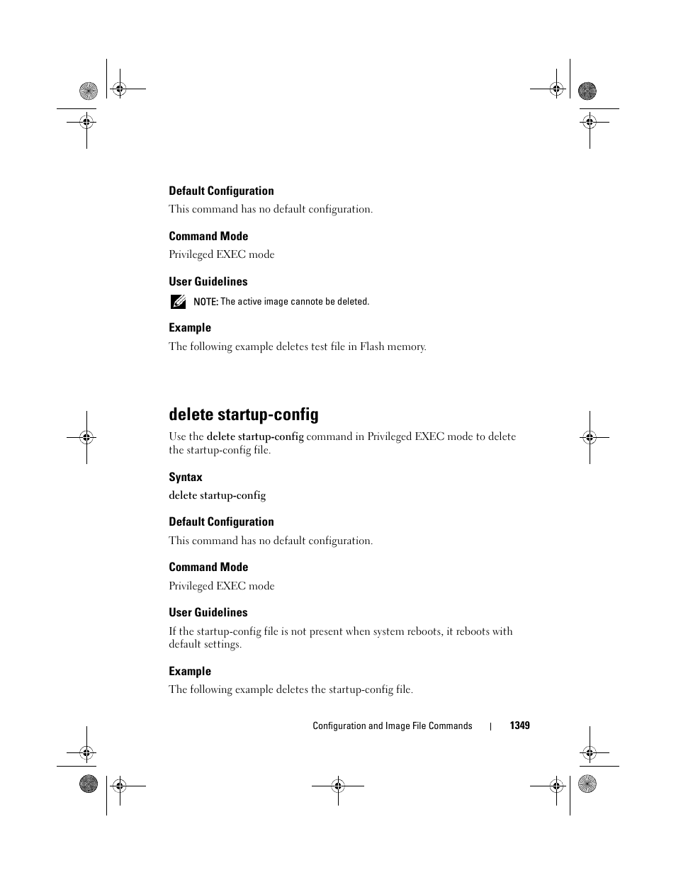 Default configuration, Command mode, User guidelines | Example, Delete startup-config, Syntax | Dell POWEREDGE M1000E User Manual | Page 1351 / 1682