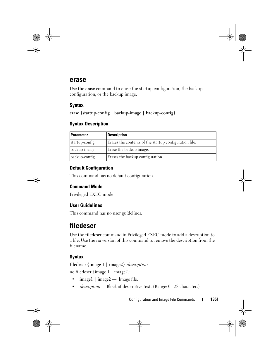 Erase, Syntax, Syntax description | Default configuration, Command mode, User guidelines, Filedescr | Dell POWEREDGE M1000E User Manual | Page 1353 / 1682