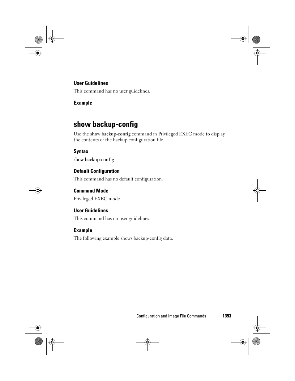 User guidelines, Example, Show backup-config | Syntax, Default configuration, Command mode | Dell POWEREDGE M1000E User Manual | Page 1355 / 1682