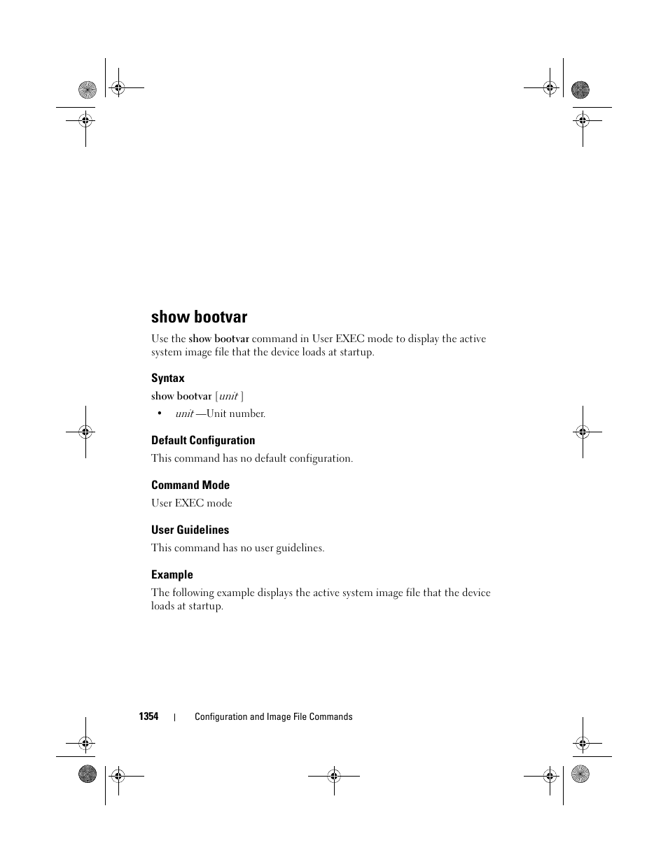 Show bootvar, Syntax, Default configuration | Command mode, User guidelines, Example | Dell POWEREDGE M1000E User Manual | Page 1356 / 1682