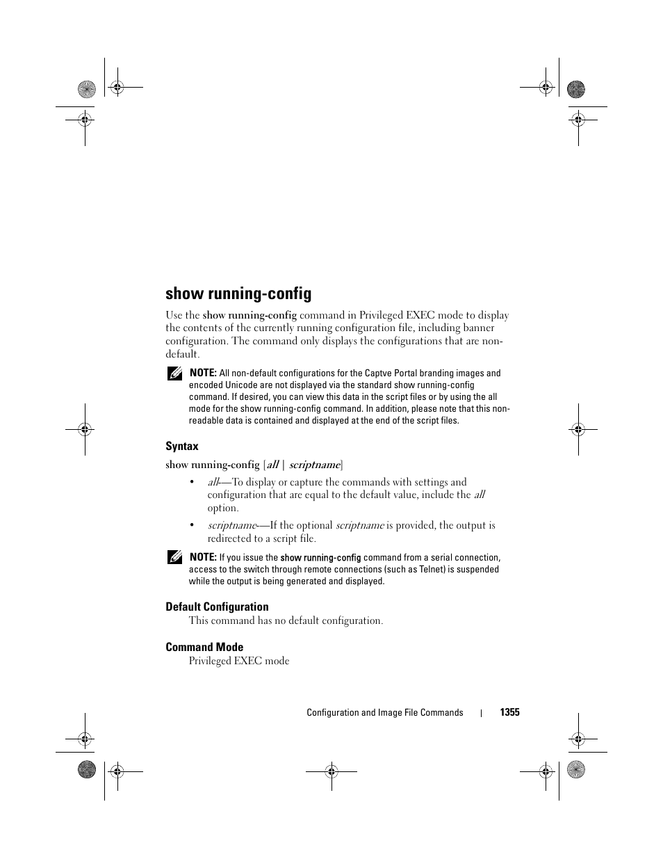 Show running-config, Syntax, Default configuration | Command mode | Dell POWEREDGE M1000E User Manual | Page 1357 / 1682