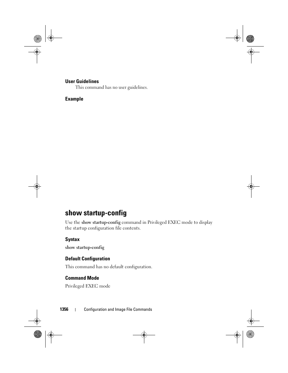 User guidelines, Example, Show startup-config | Syntax, Default configuration, Command mode | Dell POWEREDGE M1000E User Manual | Page 1358 / 1682