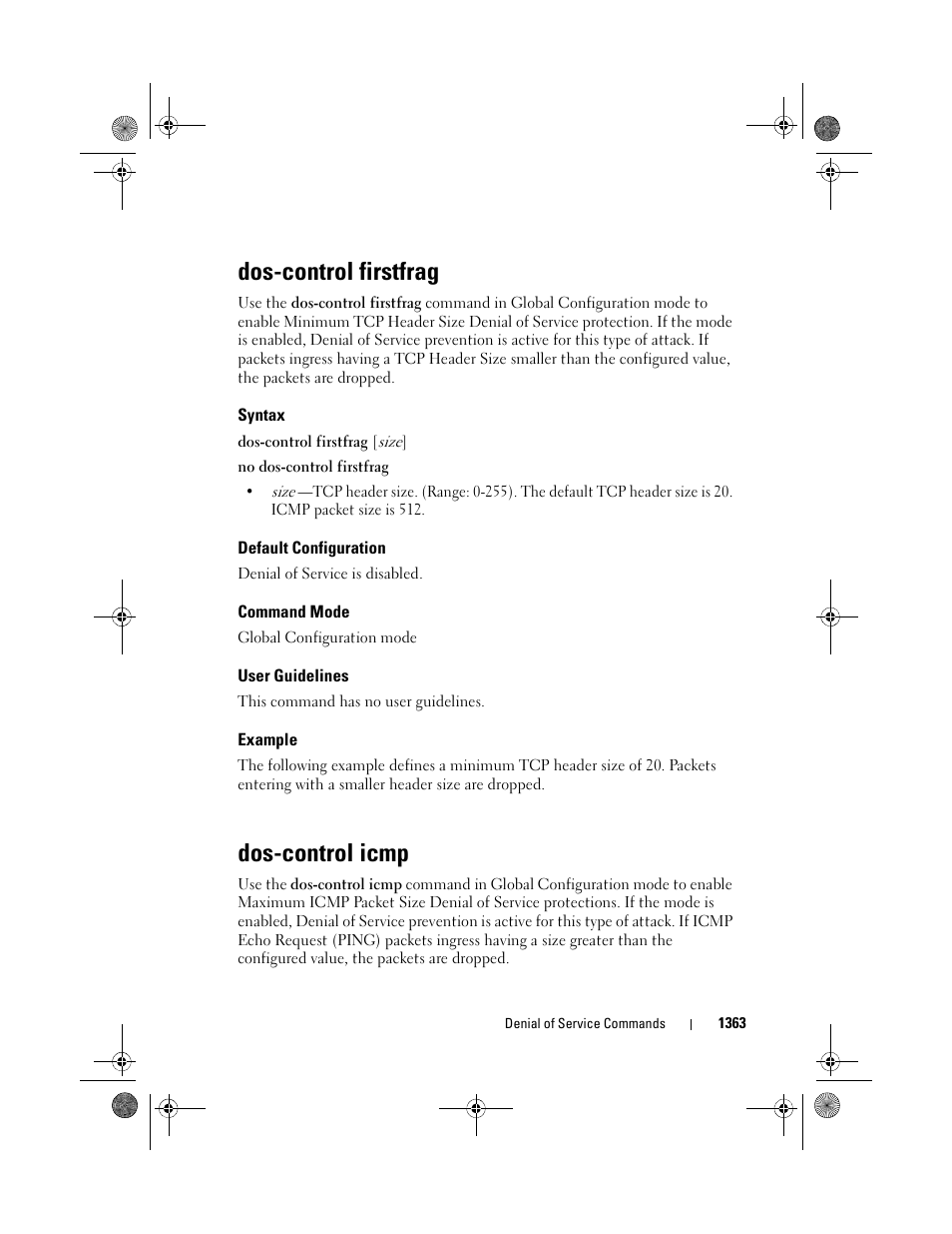 Dos-control firstfrag, Syntax, Default configuration | Command mode, User guidelines, Example, Dos-control icmp | Dell POWEREDGE M1000E User Manual | Page 1367 / 1682