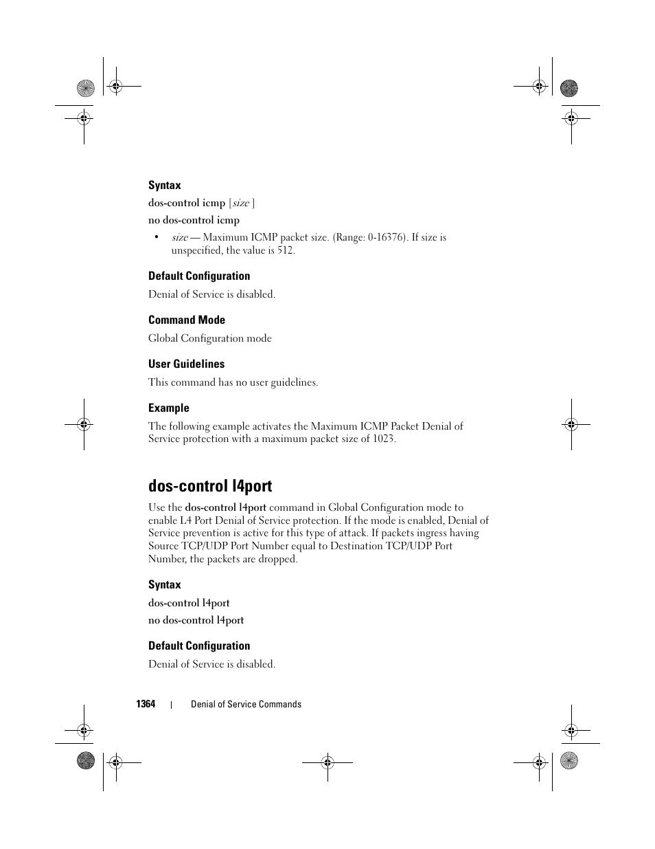 Syntax, Default configuration, Command mode | User guidelines, Example, Dos-control l4port | Dell POWEREDGE M1000E User Manual | Page 1368 / 1682