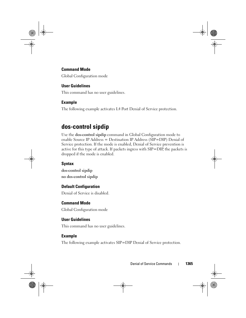 Command mode, User guidelines, Example | Dos-control sipdip, Syntax, Default configuration | Dell POWEREDGE M1000E User Manual | Page 1369 / 1682