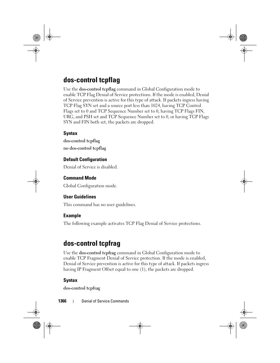 Dos-control tcpflag, Syntax, Default configuration | Command mode, User guidelines, Example, Dos-control tcpfrag | Dell POWEREDGE M1000E User Manual | Page 1370 / 1682