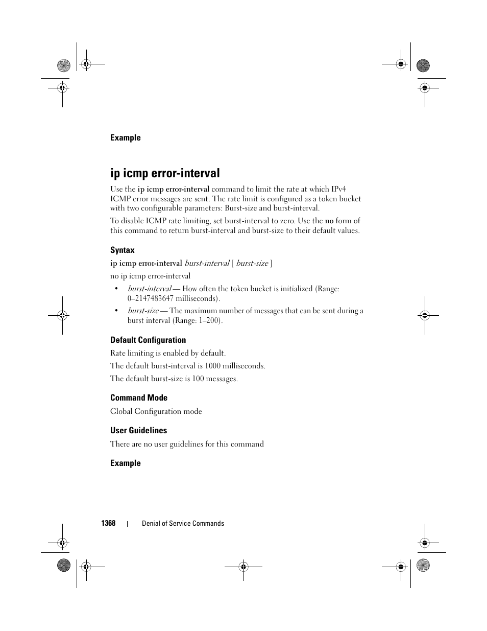 Example, Ip icmp error-interval, Syntax | Default configuration, Command mode, User guidelines | Dell POWEREDGE M1000E User Manual | Page 1372 / 1682