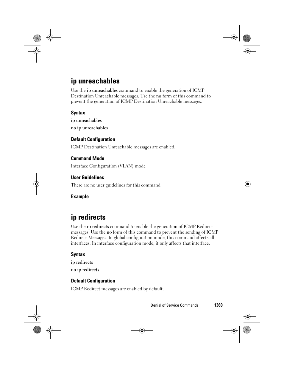 Ip unreachables, Syntax, Default configuration | Command mode, User guidelines, Example, Ip redirects | Dell POWEREDGE M1000E User Manual | Page 1373 / 1682