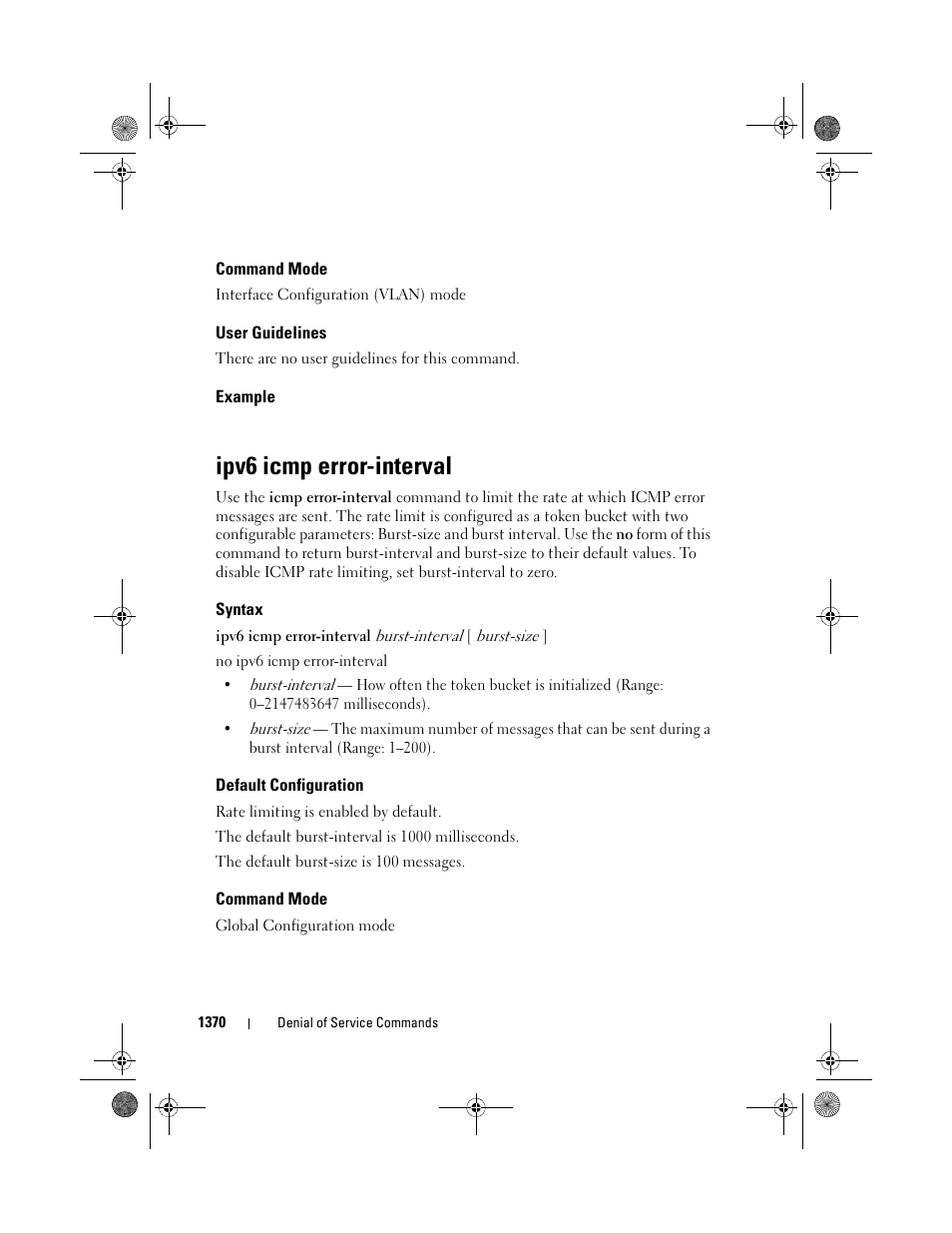 Command mode, User guidelines, Example | Ipv6 icmp error-interval, Syntax, Default configuration | Dell POWEREDGE M1000E User Manual | Page 1374 / 1682