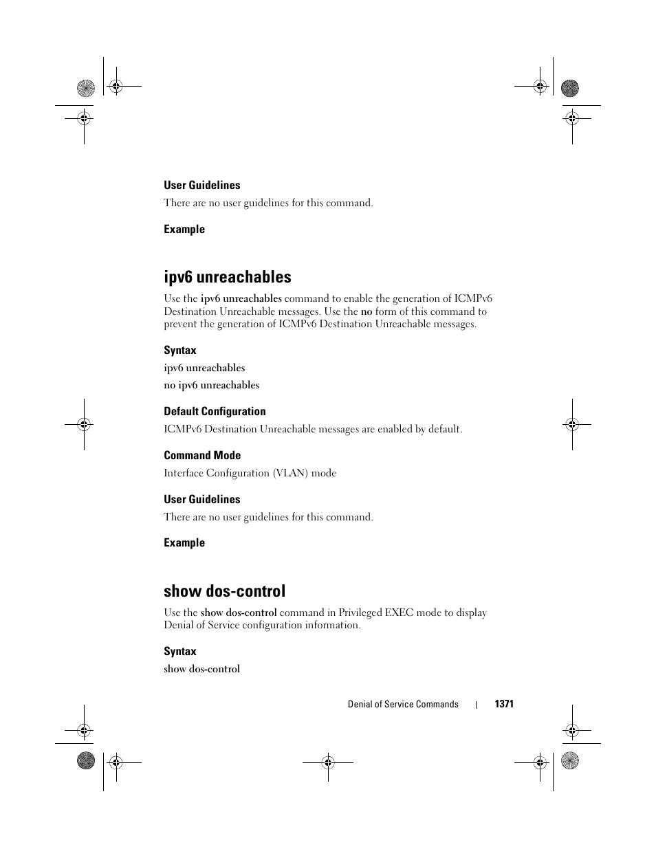 User guidelines, Example, Ipv6 unreachables | Syntax, Default configuration, Command mode, Show dos-control | Dell POWEREDGE M1000E User Manual | Page 1375 / 1682