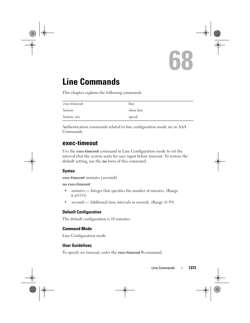 Line commands, Exec-timeout, Syntax | Default configuration, Command mode, User guidelines | Dell POWEREDGE M1000E User Manual | Page 1377 / 1682