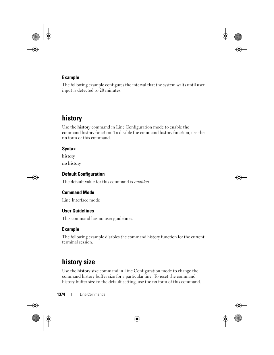 Example, History, Syntax | Default configuration, Command mode, User guidelines, History size | Dell POWEREDGE M1000E User Manual | Page 1378 / 1682