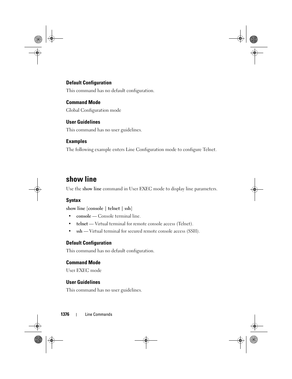 Default configuration, Command mode, User guidelines | Examples, Show line, Syntax | Dell POWEREDGE M1000E User Manual | Page 1380 / 1682