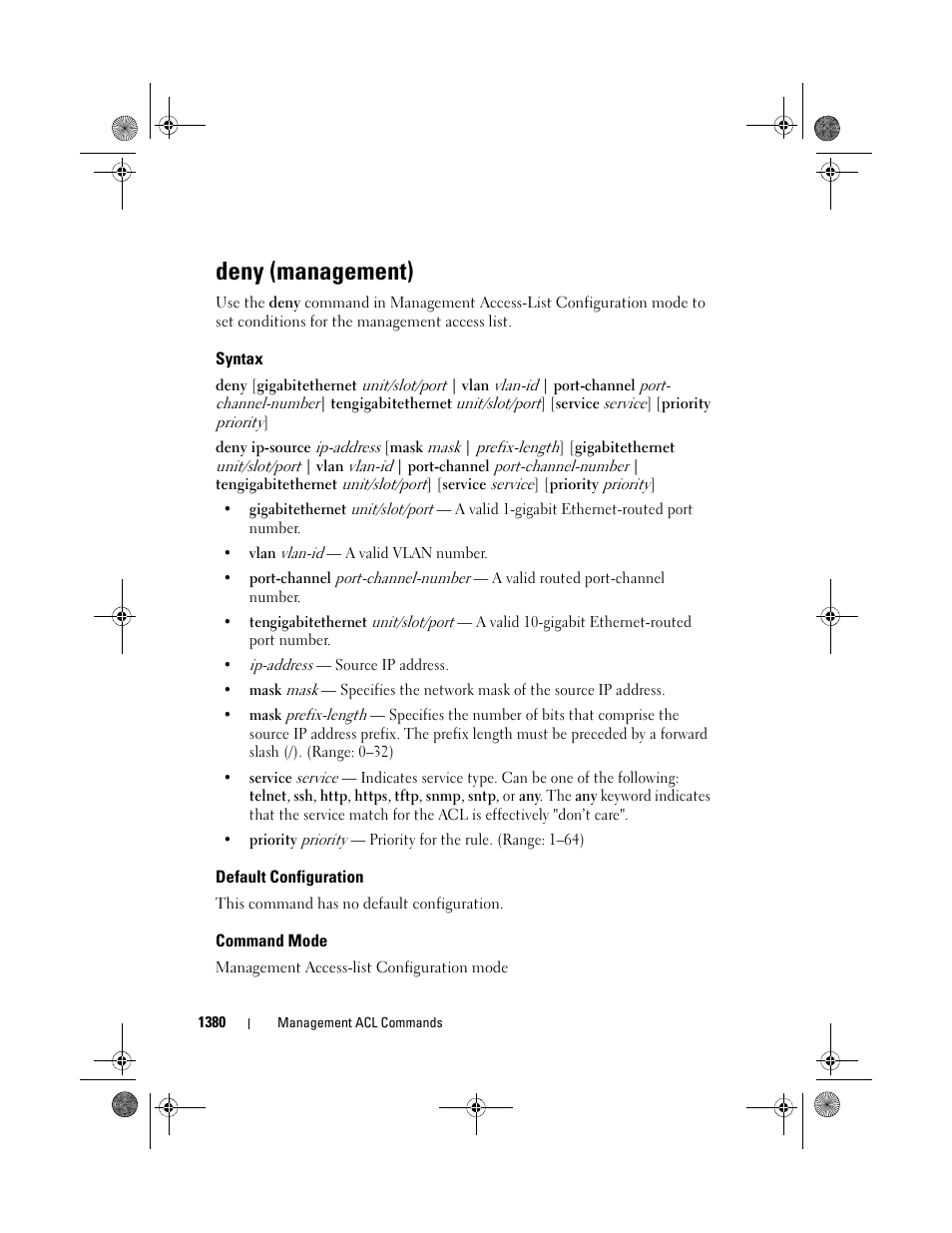 Deny (management), Syntax, Default configuration | Command mode | Dell POWEREDGE M1000E User Manual | Page 1384 / 1682