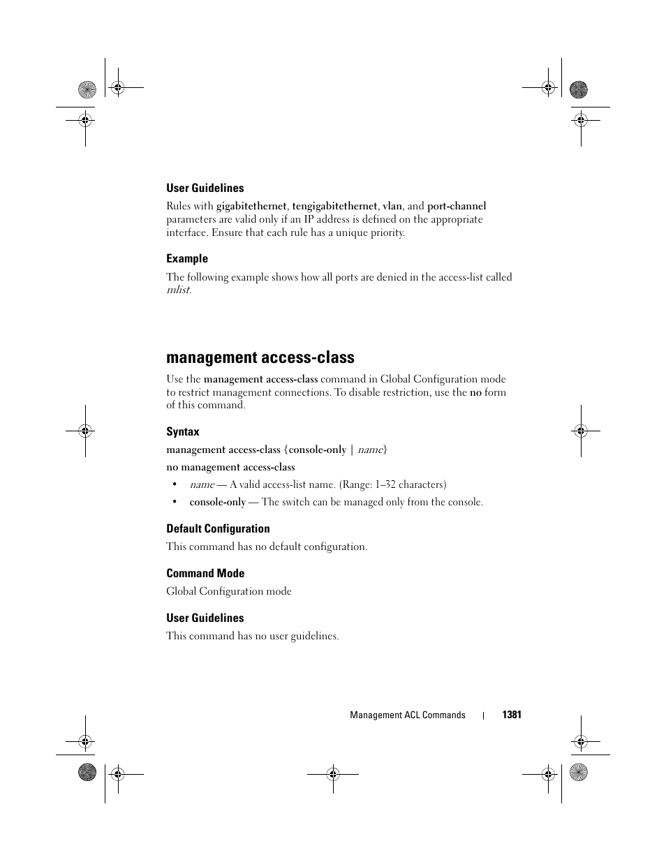 User guidelines, Example, Management access-class | Syntax, Default configuration, Command mode | Dell POWEREDGE M1000E User Manual | Page 1385 / 1682