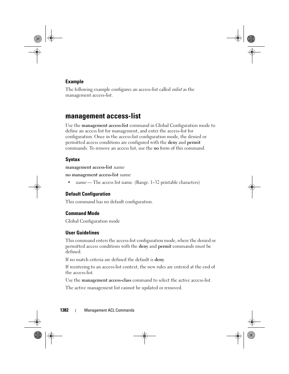 Example, Management access-list, Syntax | Default configuration, Command mode, User guidelines | Dell POWEREDGE M1000E User Manual | Page 1386 / 1682