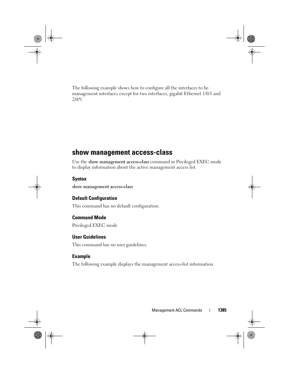 Show management access-class, Syntax, Default configuration | Command mode, User guidelines, Example | Dell POWEREDGE M1000E User Manual | Page 1389 / 1682